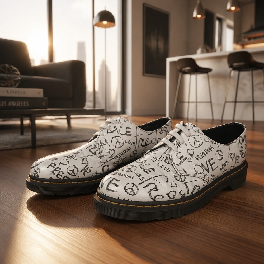 Dr Martens 1461 Script 3-Hole White Derby Mens US 11 Peace Love Freedom